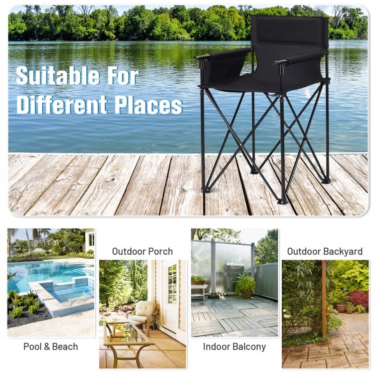 Portable 38-inch oversized folding chair in black, featuring detachable armrests and cup holder, ideal for outdoor use.