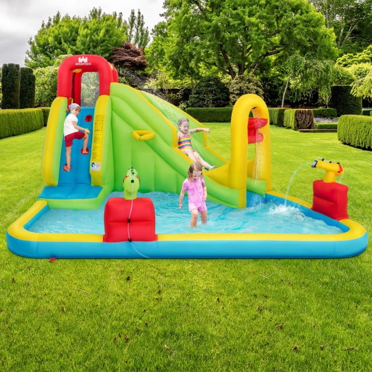 Inflatable Splash Jump Slide showcasing the climbing wall and dual water spray features, ideal for outdoor play in.