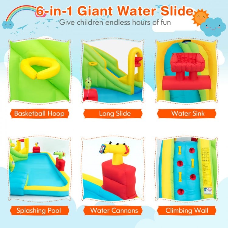 Giant inflatable water slide featuring a long slide, climbing wall, and splash pool, perfect for garden fun.
