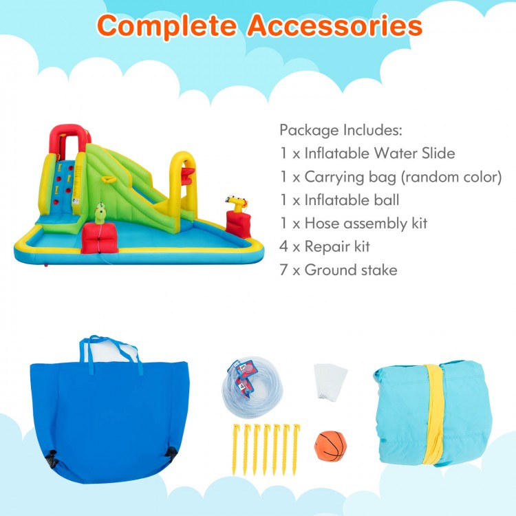 Inflatable water slide with carrying bag, ball, hose assembly kit, and repair kit for garden or park fun.