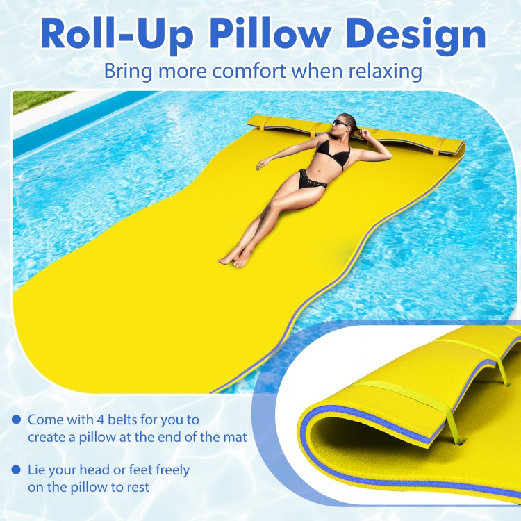 Yellow 3-layer floating water pad mat with roll-up pillow design, ideal for 6-8 people, perfect for summer relaxation.