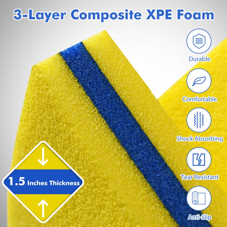Close-up of the 3-layer composite XPE foam mat in yellow, showcasing its 1.5 inches thickness and durable, anti-slip.