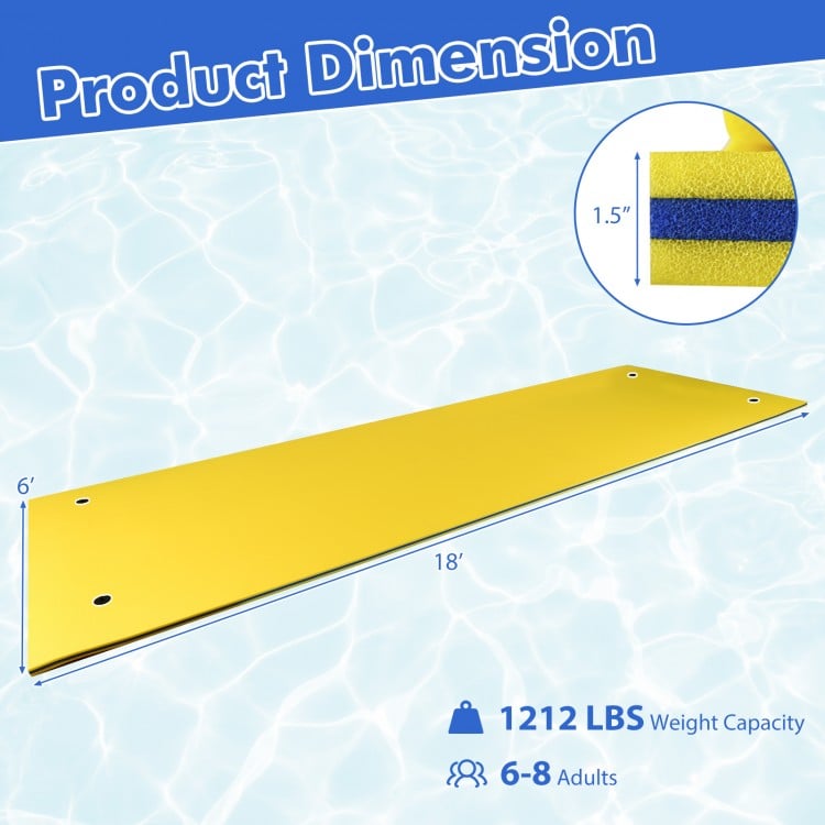 Yellow 3-layer floating water pad measuring 6' x 18', supports 6-8 adults, ideal for pools and beaches.