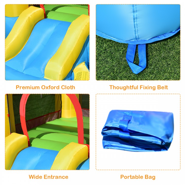 Colorful inflatable kids slide bounce house features a wide entrance, premium Oxford cloth, and a portable carrying bag.
