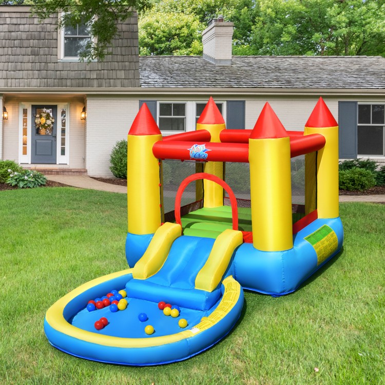 Brightly colored inflatable kids slide bounce house with mesh walls, perfect for safe play in gardens or parks.