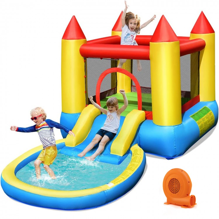 Inflatable kids slide bounce house with dual slides and mesh safety walls, ideal for garden play with friends.