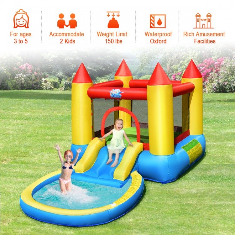 Colorful inflatable kids slide bounce house with water feature, accommodating 2 children for outdoor fun and safety.