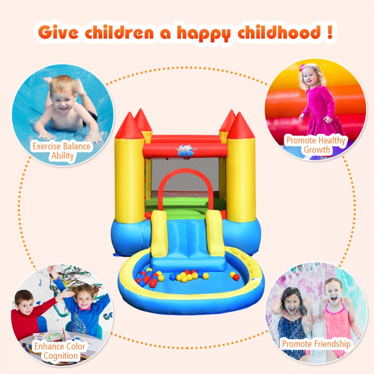 Colorful inflatable kids slide bounce house with water spray, includes blower and ball set for outdoor fun.
