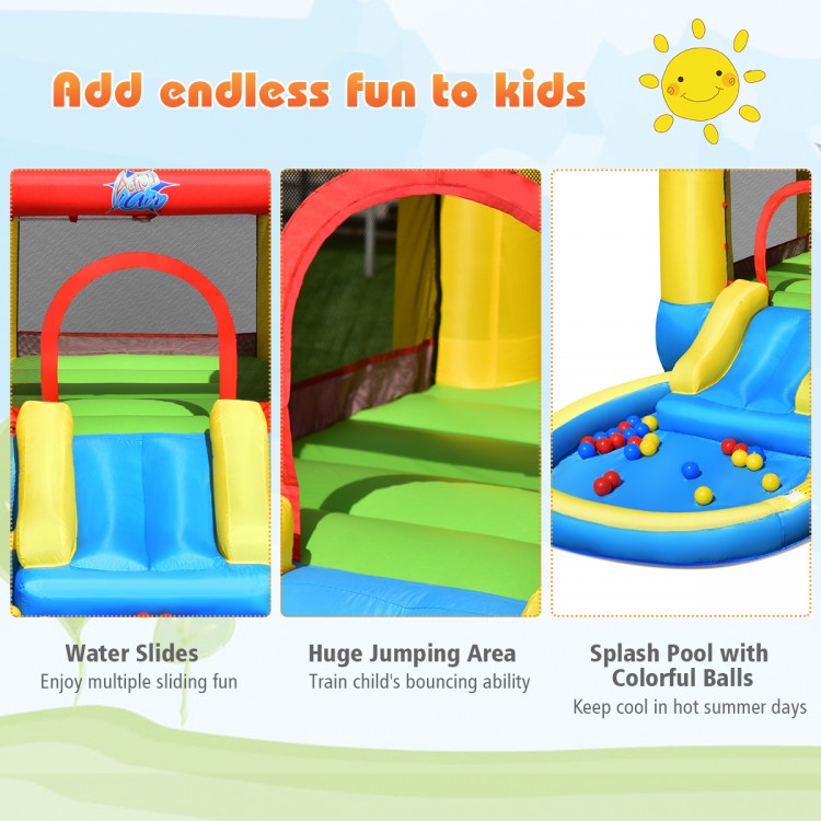 Inflatable kids slide bounce house with water slides and colorful balls, perfect for outdoor fun in gardens or parks.