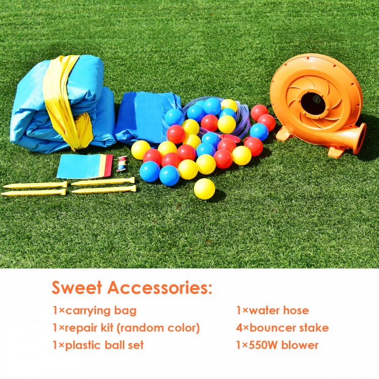 Colorful accessories for the Inflatable Kids Slide Bounce House, including balls, blower, hose, and repair kit for fun.