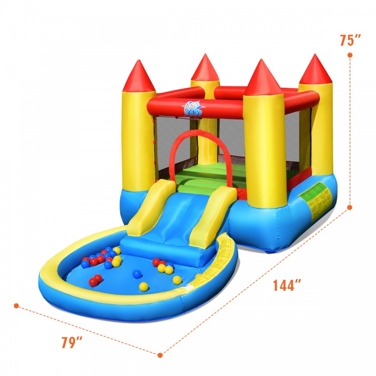Colorful inflatable kids slide bounce house with water feature, includes blower and ball set, perfect for outdoor fun.