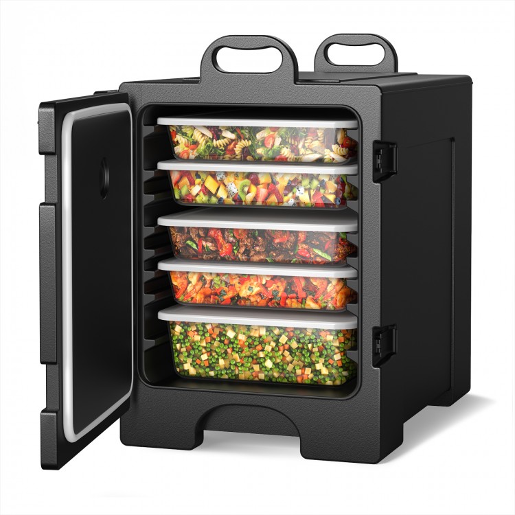 Insulated food pan carrier with 81-quart capacity, featuring a double shell design and easy-access revolving door.