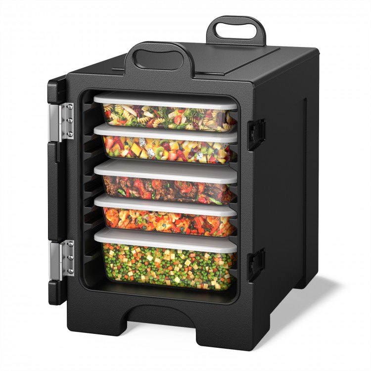End-loading insulated food pan carrier in black with 81-quart capacity and five food pans for optimal temperature.