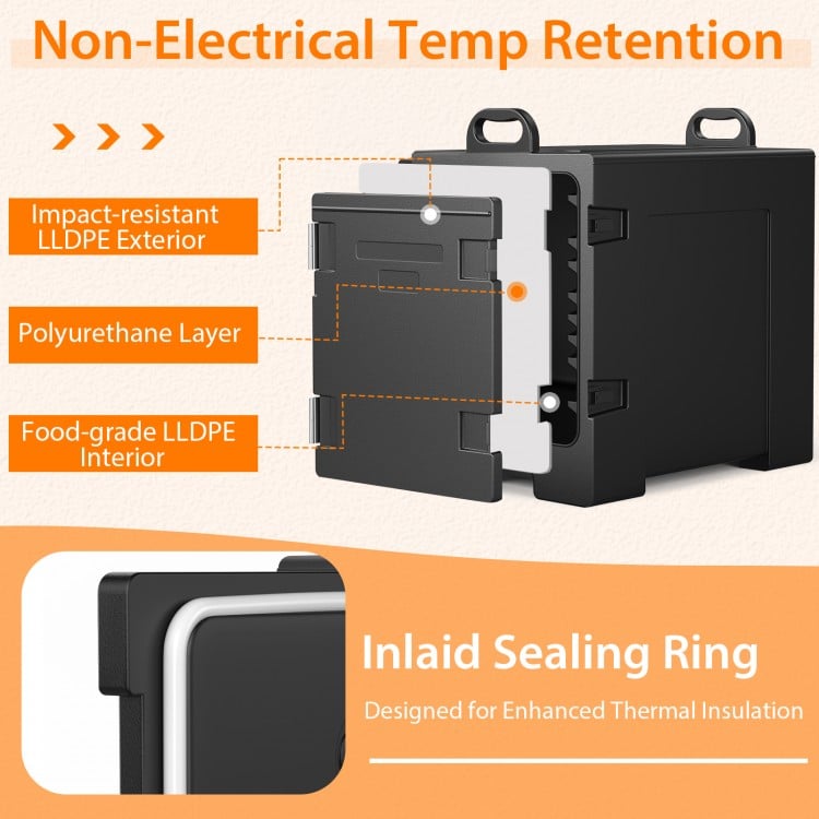 81-quart insulated food pan carrier in black with LLDPE exterior and polyurethane insulation for optimal temperature.