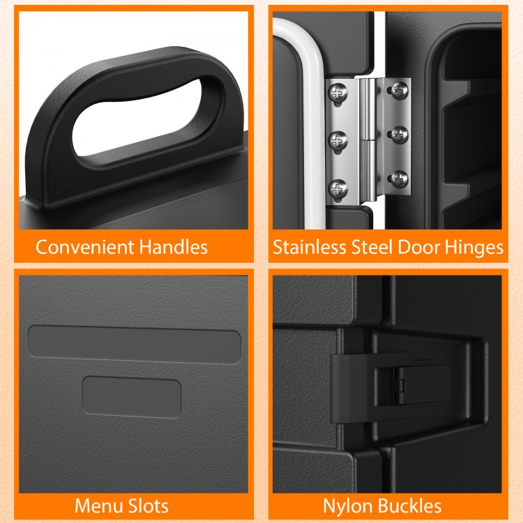 Close-up of the 81 Quart Insulated Food Pan Carrier showing convenient handles, stainless steel hinges, and nylon.
