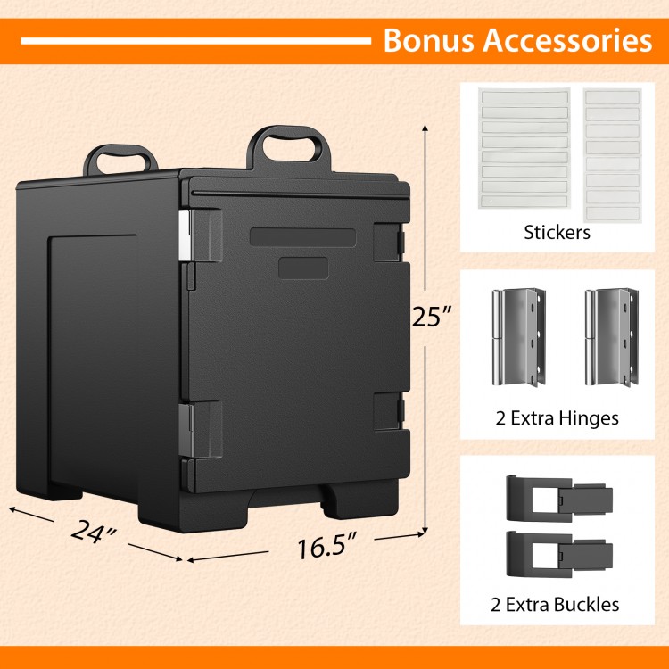 81-quart insulated food pan carrier in black with adjustable vent cap, ideal for catering and events.