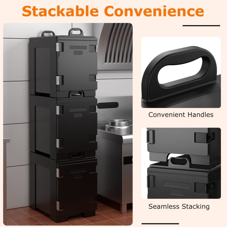 Stackable 81 QT hot box food warmer with convenient handles and double buckles, ideal for catering and food transport.