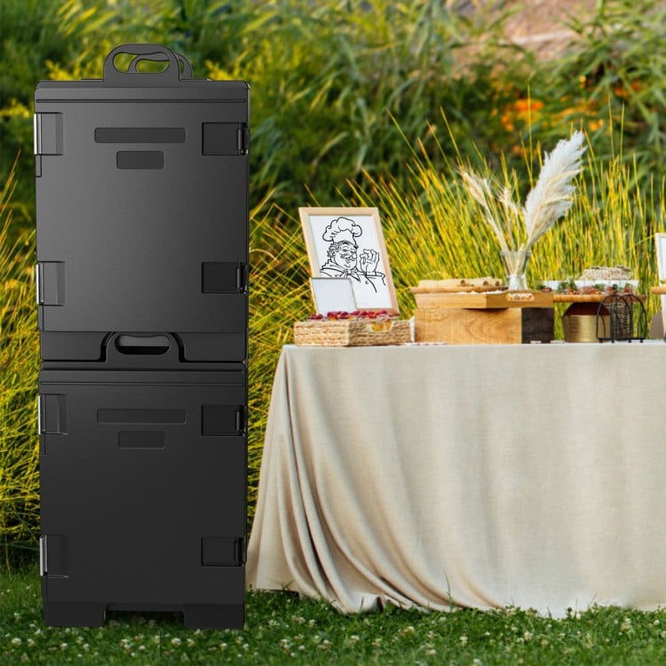 81 QT Hot Box Food Warmer with double buckles, featuring 5 full-size pans, ideal for catering and easy transportation.