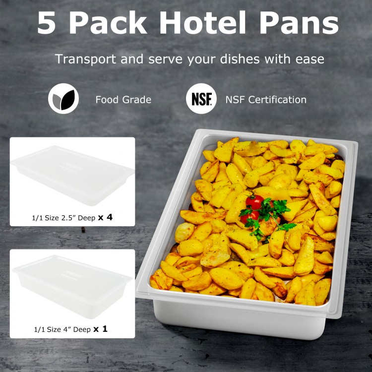 Full-size hotel pans set with 5 pieces, 81 QT capacity, ideal for catering and easy transport of dishes.