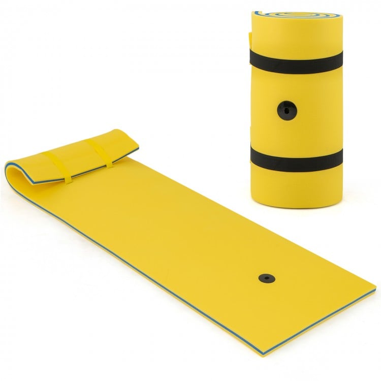 Yellow 3-layer tear-resistant foam floating pad with rolled design for easy storage, suitable for lakes and pools.
