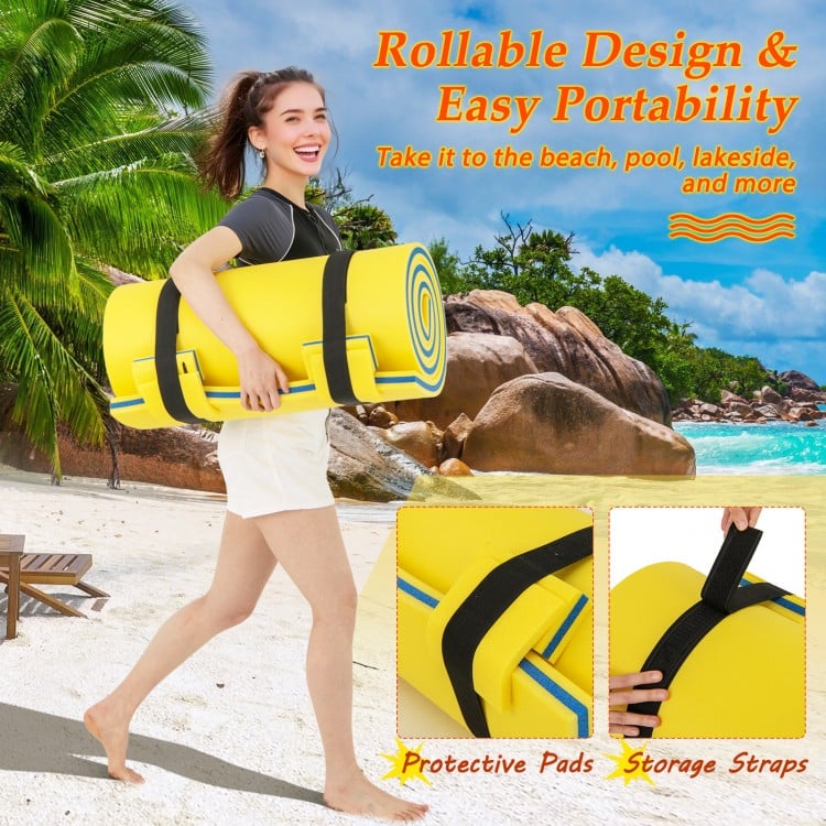 Yellow 3-layer tear-resistant foam floating pad with rolling design, ideal for lakes, beaches, and easy portability.