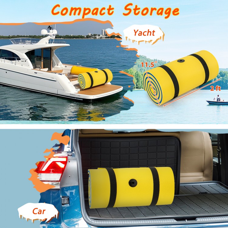 Yellow 3-layer tear-resistant foam floating pad rolled up for compact storage, ideal for lakes, beaches, and water.