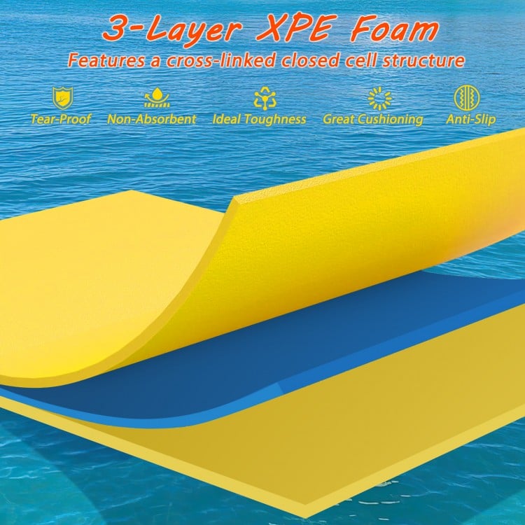 3-layer yellow tear-resistant XPE foam floating pad with rolled pillow design for buoyancy and comfort on water.
