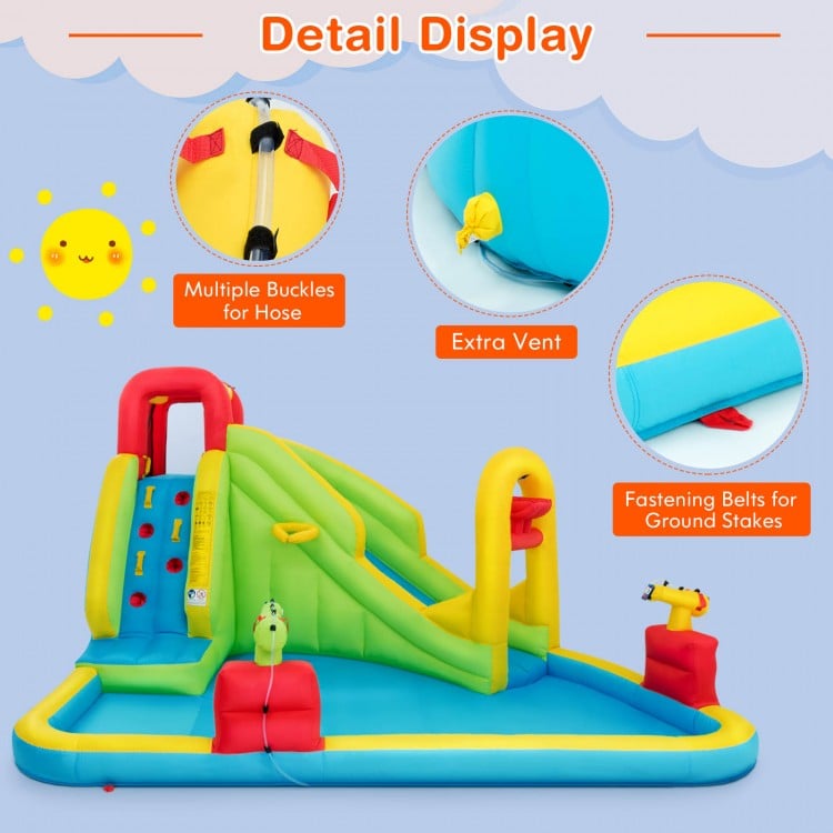 Detail view of the Outdoor Inflatable Water Bounce House showcasing multiple buckles, extra vent, and fastening belts.