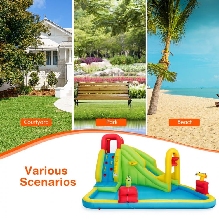Outdoor inflatable water bounce house in vibrant colors, ideal for garden, park, or beach fun with multiple play areas.