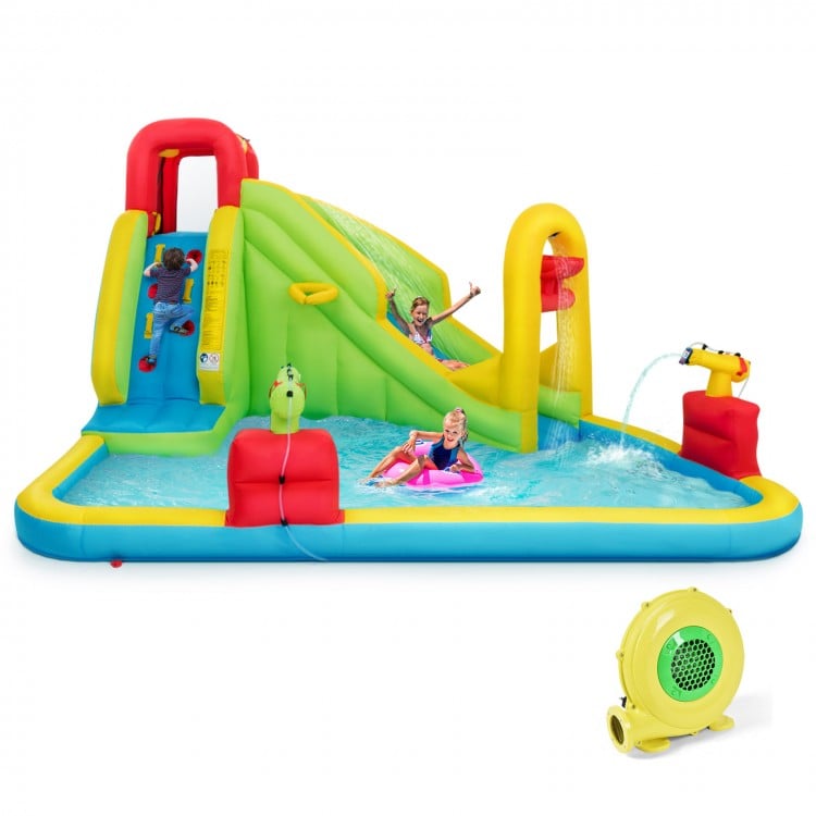 Outdoor inflatable water bounce house with slide and spray features, made of premium Oxford material for garden fun.