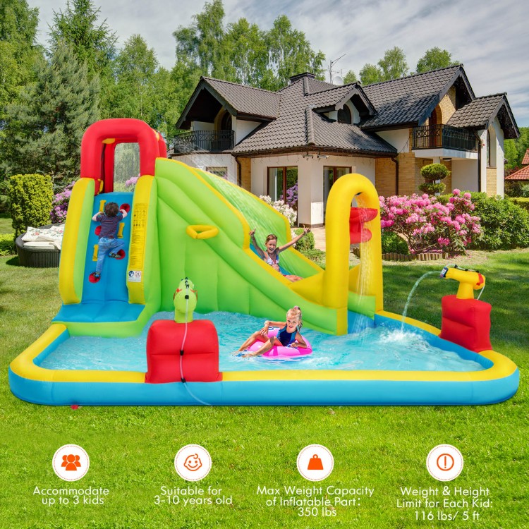 Brightly colored outdoor inflatable water bounce house with slide, suitable for kids, featuring multiple play areas and.
