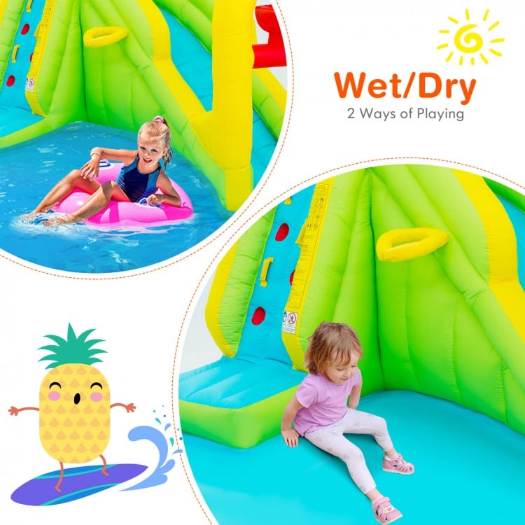Outdoor inflatable water bounce house with vibrant colors, featuring wet/dry play areas for fun in the garden or park.