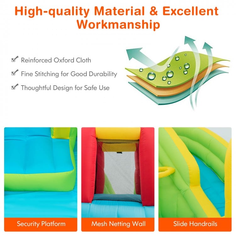 Close-up of the outdoor inflatable water bounce house featuring reinforced Oxford cloth and mesh netting for safety.