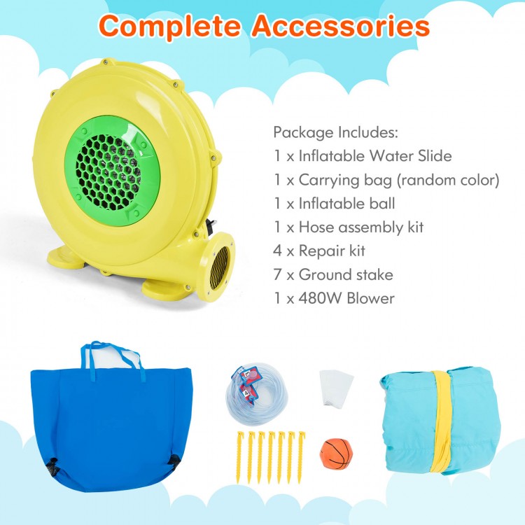 Outdoor inflatable water bounce house with 480W blower, carrying bag, inflatable ball, and repair kit for garden fun.