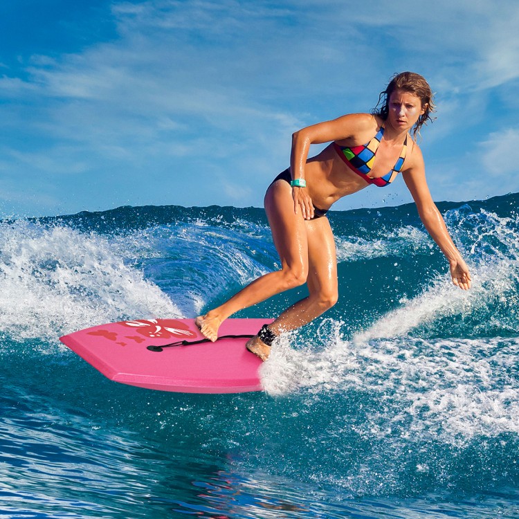 Lightweight pink bodyboard with leash, featuring durable EPS core and stylish design, perfect for outdoor surfing.