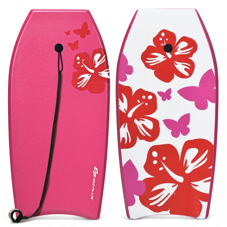 Lightweight bodyboard with pink and white hibiscus designs, featuring an EPS core and leash for safe surfing adventures.