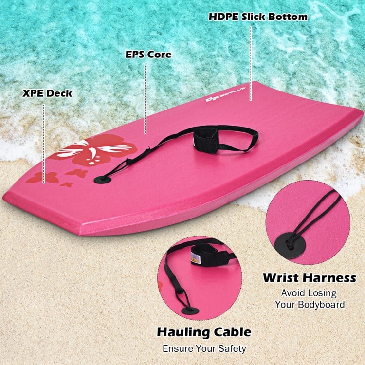 Lightweight pink bodyboard with EPS core, XPE deck, and HDPE slick bottom, ideal for outdoor surfing adventures.