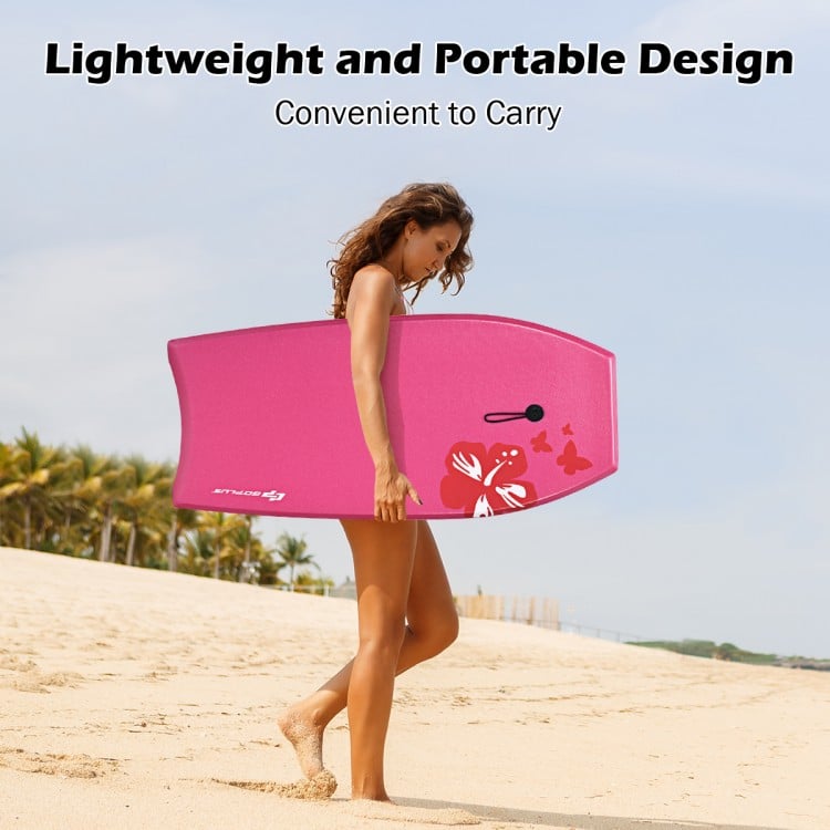 Lightweight bodyboard in pink with floral design, featuring durable EPS core and leash, perfect for water sports.