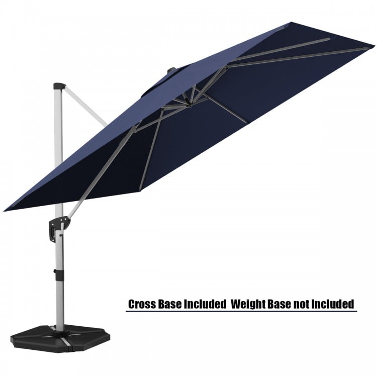10 ft navy offset patio umbrella with aluminum pole, 360° tilt, and cross base for stable outdoor shading.
