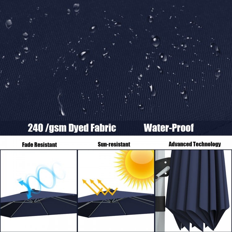 Close-up of 240gsm yarn-dyed fabric, showcasing water-proof, fade-resistant material for a 10 ft navy patio umbrella.