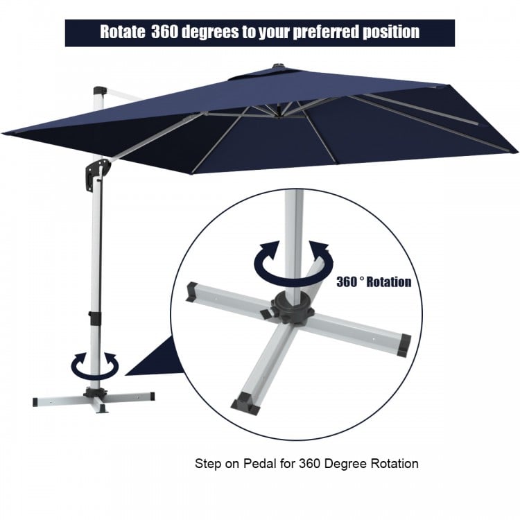 10 ft navy patio umbrella with 360° rotation and foot pedal, featuring sturdy aluminum pole and fade-resistant fabric.