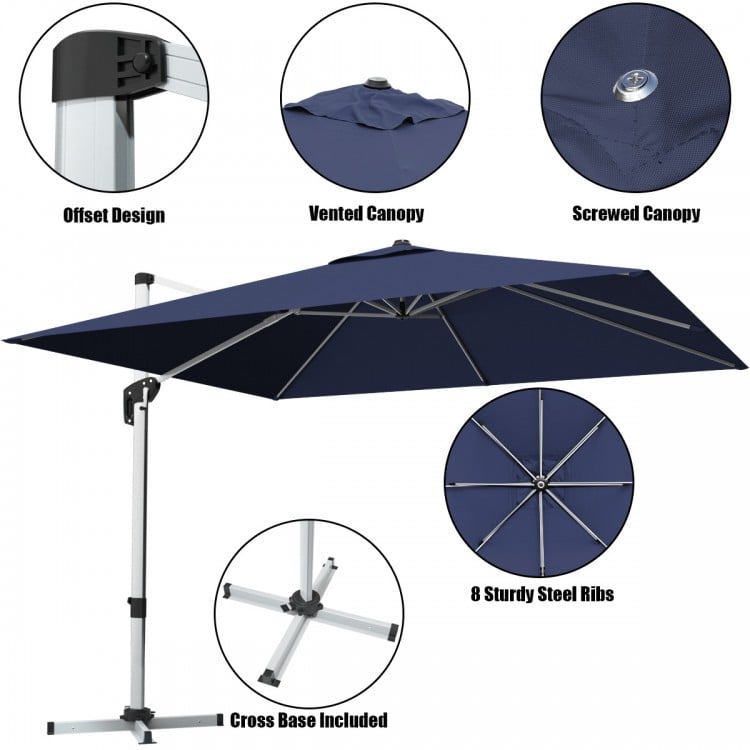 10 ft navy offset patio umbrella with aluminum pole, 8 steel ribs, and 360° tilt for optimal sun protection.