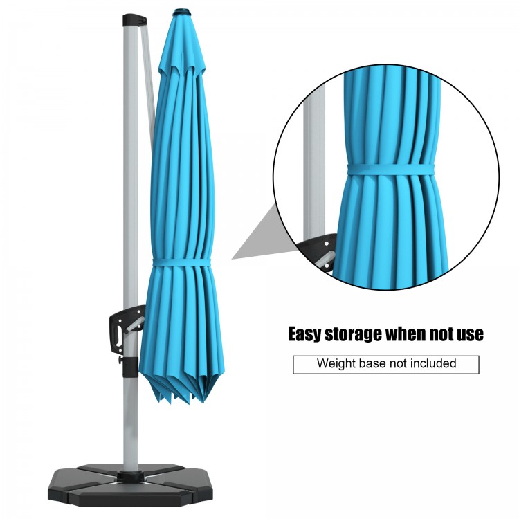10 ft blue offset cantilever umbrella with aluminum pole, 360-degree rotation, and 7-position tilt for patio shade.