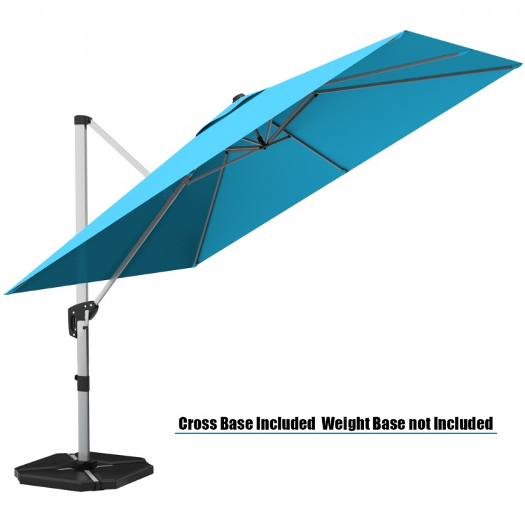 10 ft blue offset cantilever umbrella with aluminum pole and cross base, ideal for shading patio dining sets.