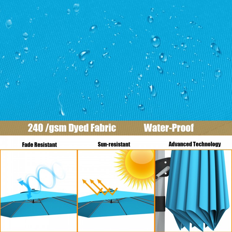Close-up of the blue 240gsm yarn-dyed fabric of a 10 ft offset patio umbrella, showcasing its water-proof and.