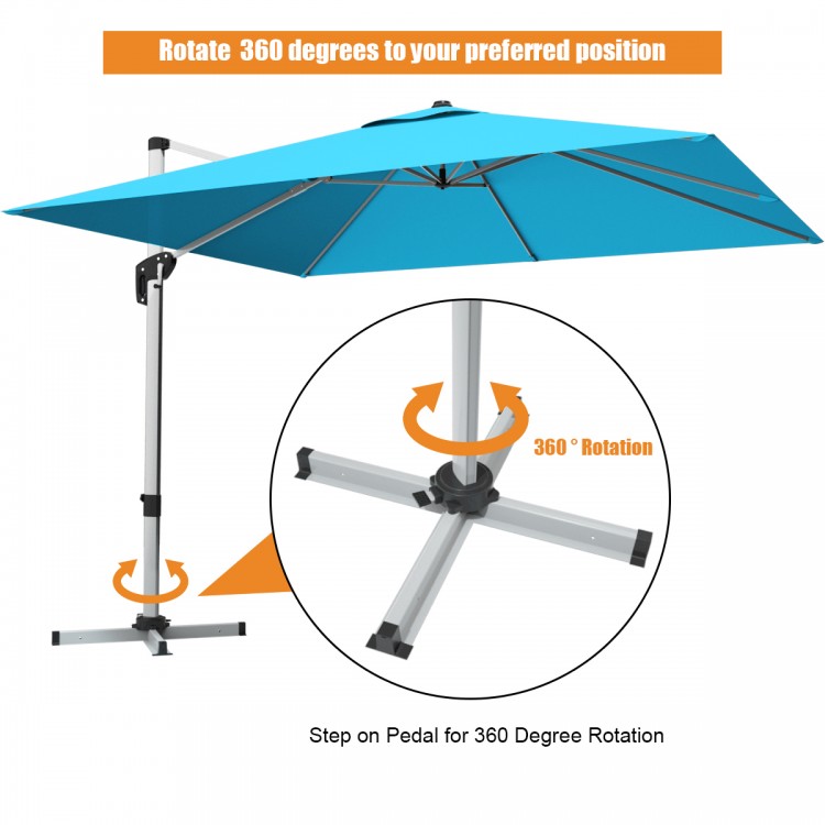 10 ft blue offset cantilever umbrella with 360-degree rotation and foot pedal for adjustable shade in outdoor spaces.