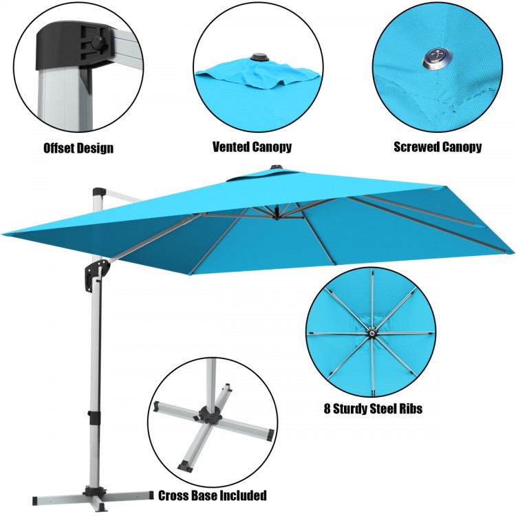 10 ft blue offset cantilever umbrella with aluminum pole, 8 steel ribs, and 360-degree tilt for patio shade.