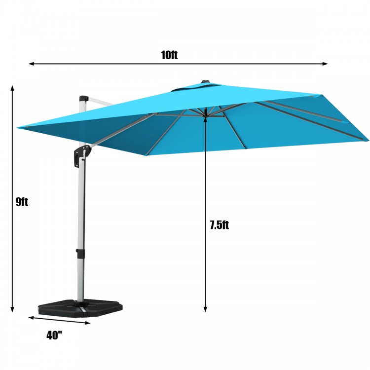 10 ft blue offset cantilever umbrella with aluminum pole, 360-degree rotation, ideal for patio shading and sun.