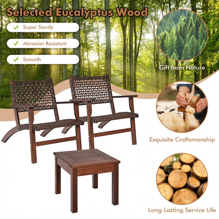 Outdoor wooden patio furniture set featuring two armchairs and a table, crafted from sturdy eucalyptus wood for.