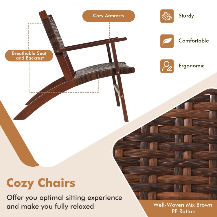 Side view of a cozy armchair from the 3 Pieces Outdoor Wooden Patio Rattan Furniture Set, featuring well-woven PE.
